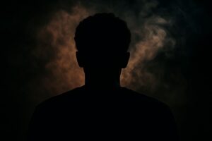 Siluetă umană în întuneric, înconjurată de fum – simbol al dependenței și confuziei mentale