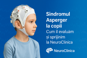 Copil cu cască EEG folosită pentru evaluare qEEG în Sindromul Asperger – NeuroClinica Craiova