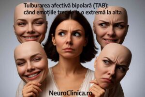 Femeie care ține măști cu expresii diferite, simbol al schimbărilor de dispoziție din tulburarea afectivă bipolară (TAB)