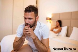Bărbat preocupat, stând pe marginea patului, în timp ce partenera este în fundal, simbolizând dificultățile emoționale din disfuncția erectilă.