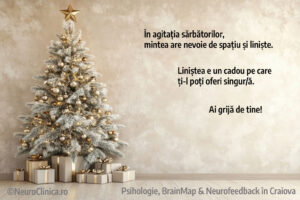 Mesaj despre liniștea minții în perioada sărbătorilor, cu brad de Crăciun în fundal – NeuroClinica.