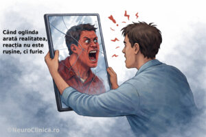 Ilustrație cu un bărbat care privește într-o oglindă spartă unde reflexia lui este furioasă, simbol al reacției defensive la confruntarea cu adevărul.