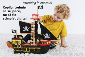 Copil mic care se joaca cu o jucarie, simbol al copilariei reale si al dezvoltarii sanatoase in parentingul din epoca AI