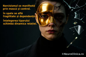Masca narcisismului – imagine simbolică a narcisismului, cu mască și fisuri care sugerează controlul, fragilitatea emoțională și mecanismele de apărare