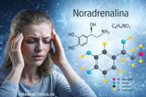 Noradrenalina si stresul – femeie cu tensiune si hiperactivare, ilustratie molecula norepinefrina